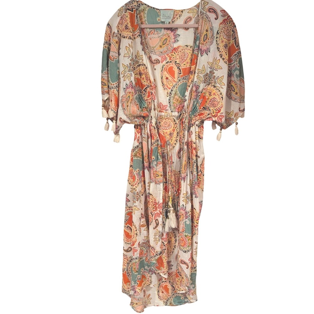 True Destinations Kaftan Dress M Multicolor Paisley Tassel Boho Beach Coverup